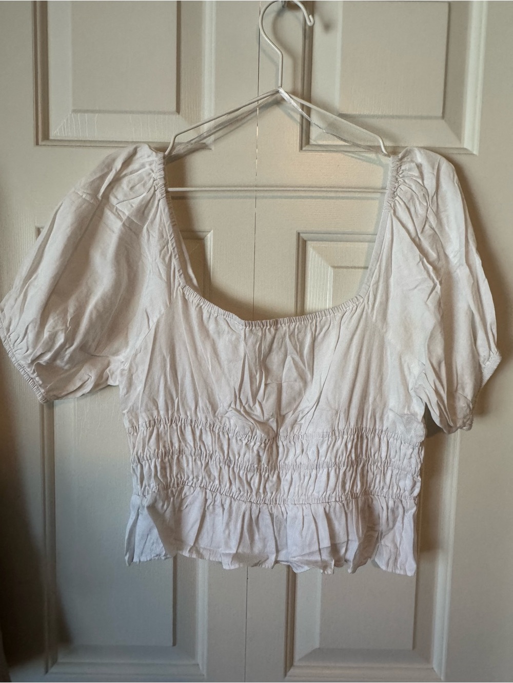 Avec Les Filles White Smocked Square-Neck Puff Sleeve Top